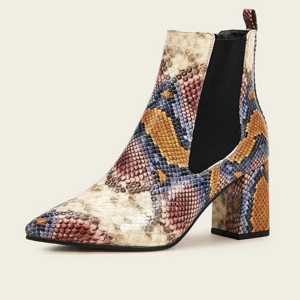 SHEIN Colorful Snakeskin Pull on Heeled Ankle Boots with Pointy Toe Size…
